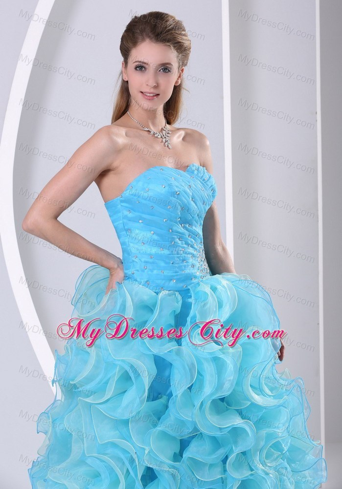 Aqua Blue Organza Sweetheart Prom Dress with Ruffles Beads