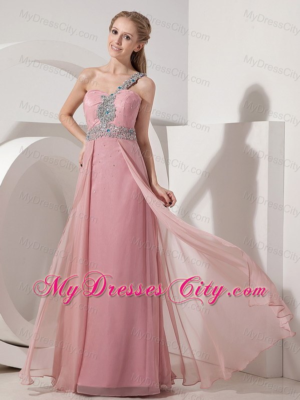 2013 One Shoulder Prom Dress in Pink Column Chiffon Beaded