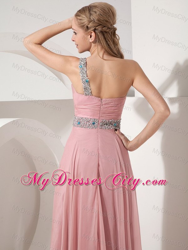 2013 One Shoulder Prom Dress in Pink Column Chiffon Beaded