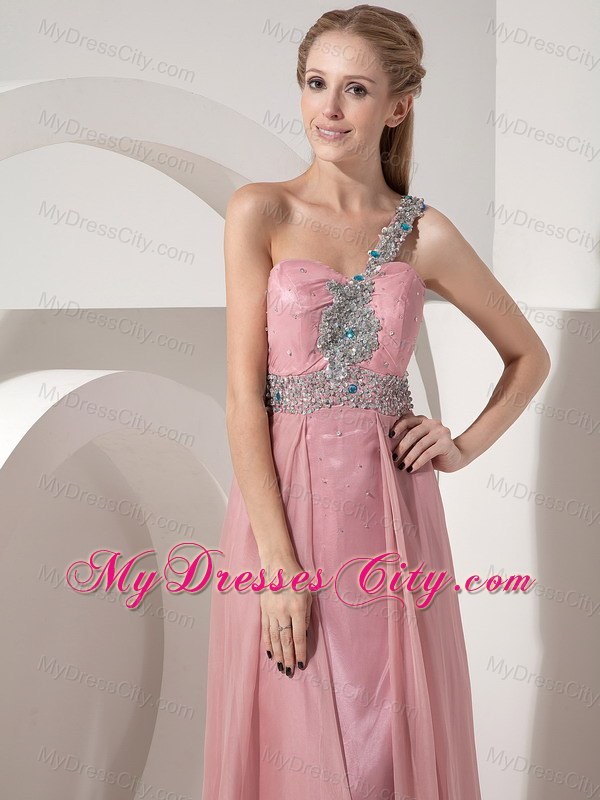 2013 One Shoulder Prom Dress in Pink Column Chiffon Beaded