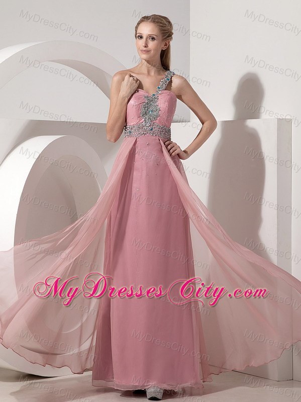 2013 One Shoulder Prom Dress in Pink Column Chiffon Beaded