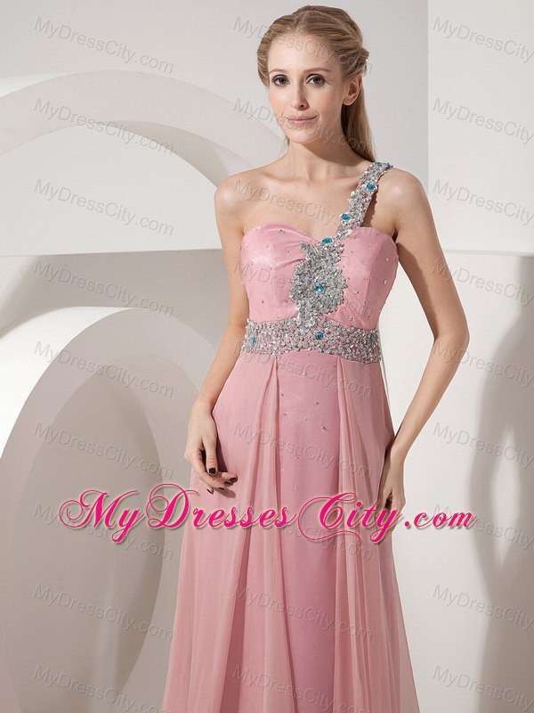 2013 One Shoulder Prom Dress in Pink Column Chiffon Beaded