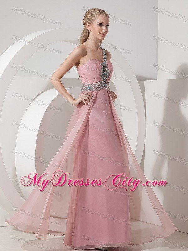 2013 One Shoulder Prom Dress in Pink Column Chiffon Beaded