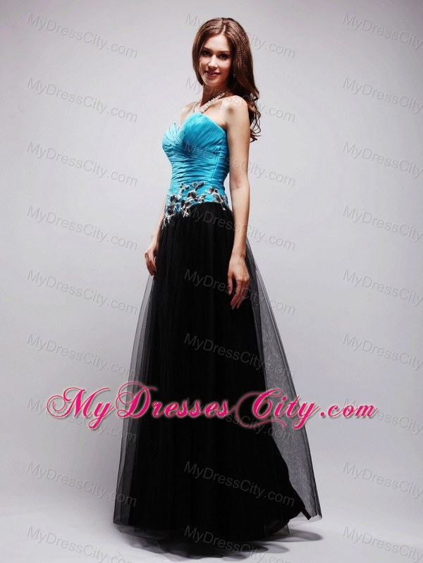 Tulle Sweetheart Black and Blue A-line Appliques Prom Dress