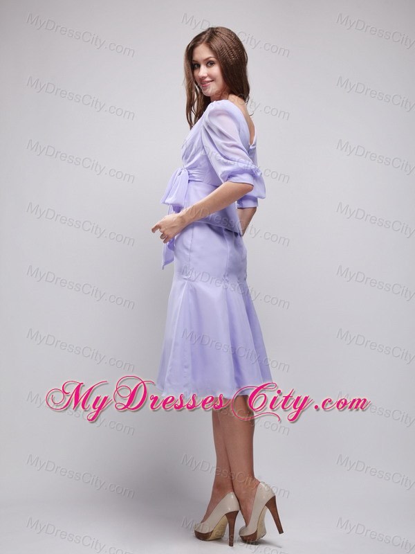 Lavender Knee-length V-neck Chiffon Prom Dress with Sleeves