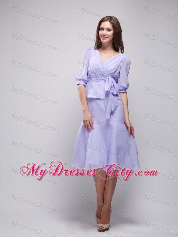 Lavender Knee-length V-neck Chiffon Prom Dress with Sleeves