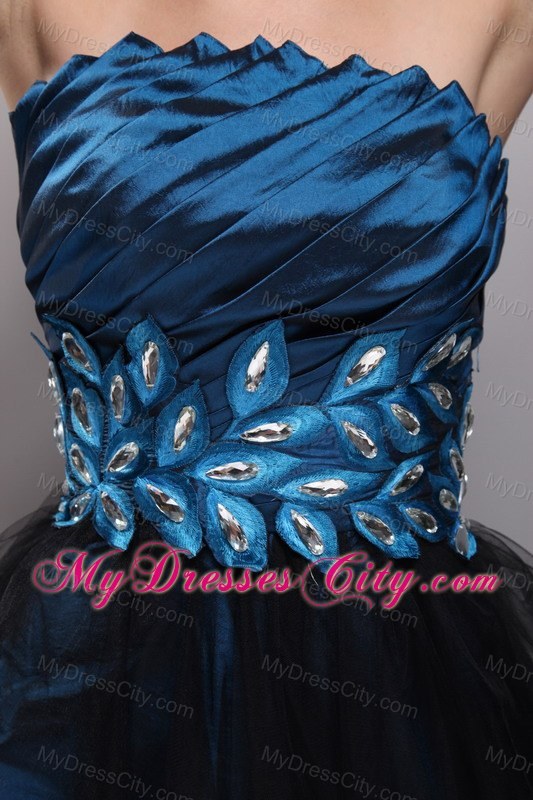 A-Line Navy Blue and Black Mini-length Rhinestone Prom Dres