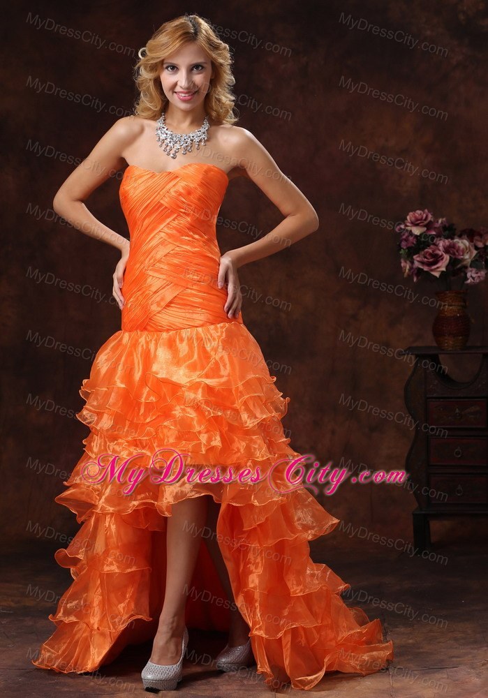 Orange Red Organza High-low Ruched Prom Dress Ruffled