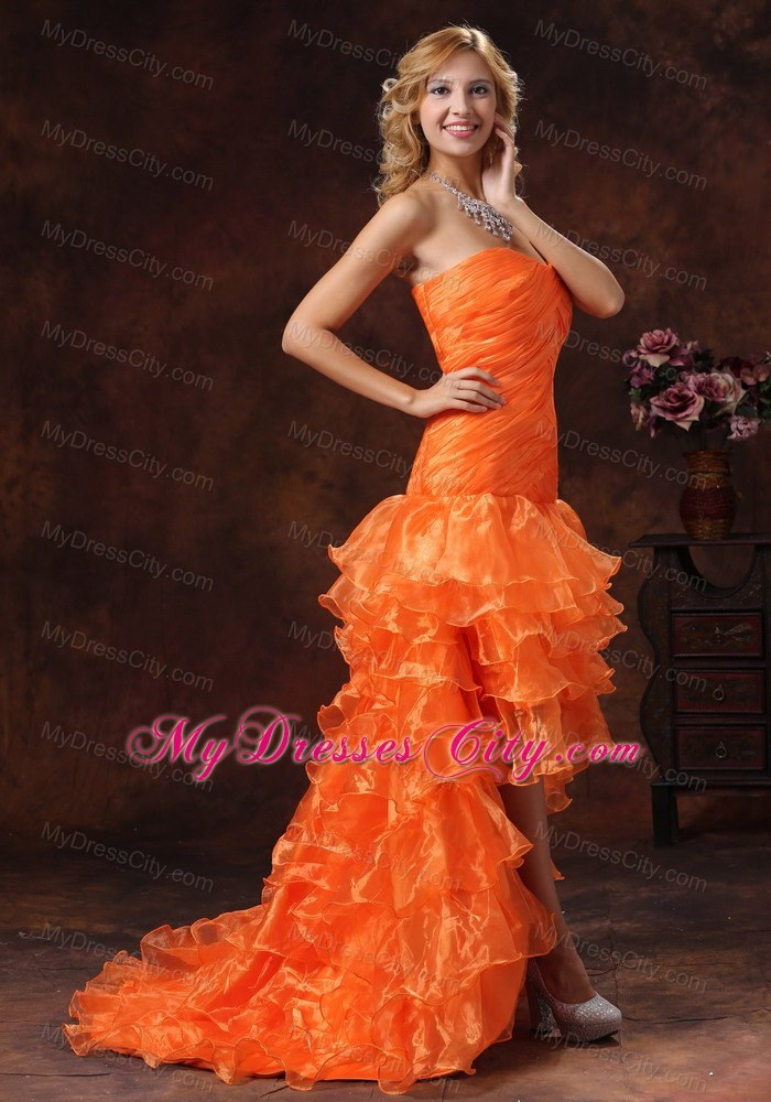 Orange Red Organza High-low Ruched Prom Dress Ruffled