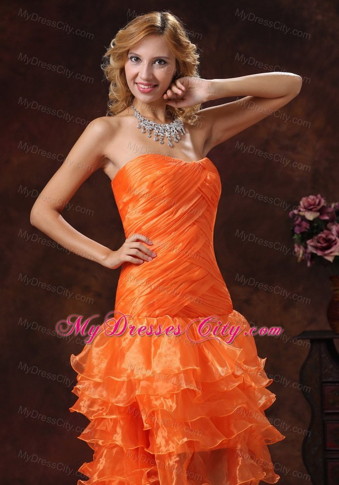 Orange Red Organza High-low Ruched Prom Dress Ruffled