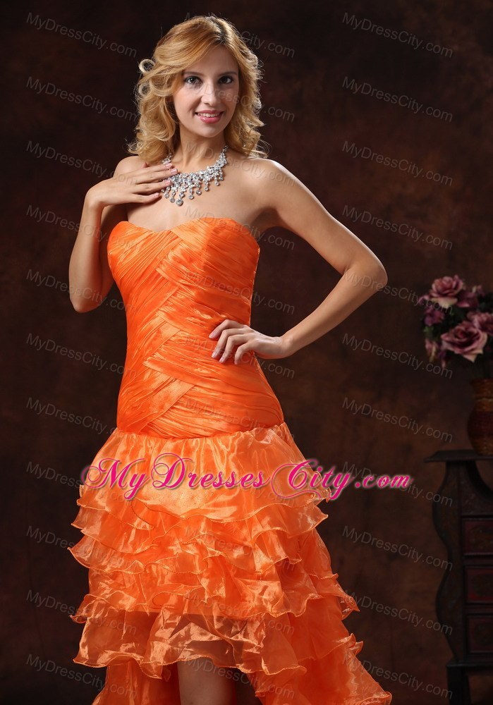 Orange Red Organza High-low Ruched Prom Dress Ruffled