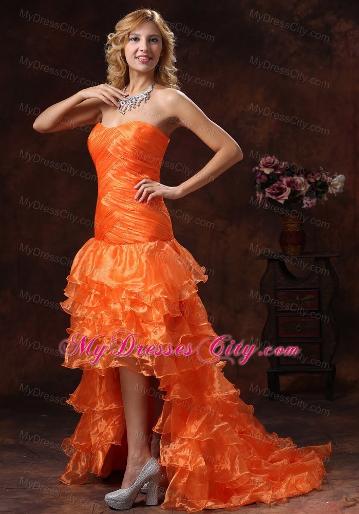 Orange Red Organza High-low Ruched Prom Dress Ruffled