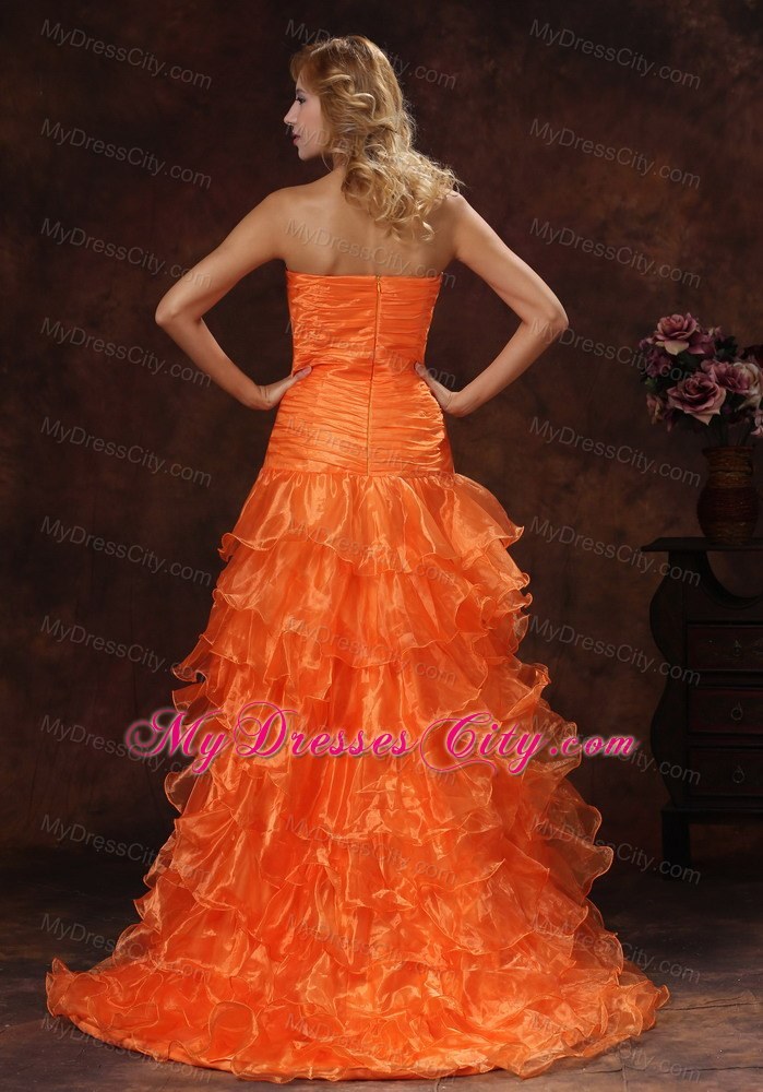 Orange Red Organza High-low Ruched Prom Dress Ruffled