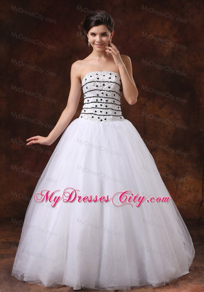 Cheap White Ball Gown Beaded Tulle Prom Dress with Strapless