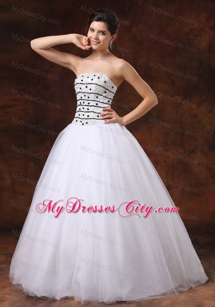 Cheap White Ball Gown Beaded Tulle Prom Dress with Strapless