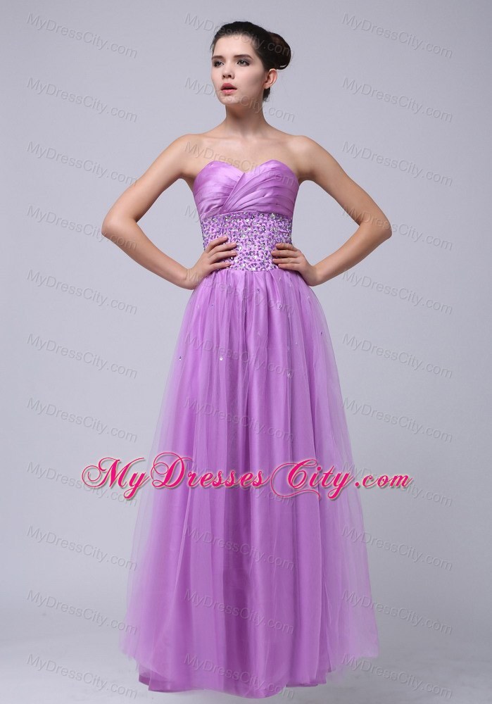 Lavender Tulle Sweetheart Prom Dress Beaded and Ruched