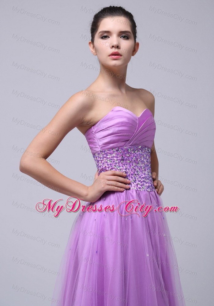 Lavender Tulle Sweetheart Prom Dress Beaded and Ruched