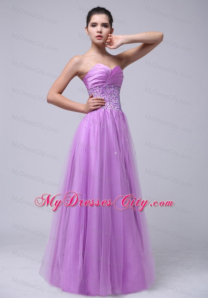 Lavender Tulle Sweetheart Prom Dress Beaded and Ruched