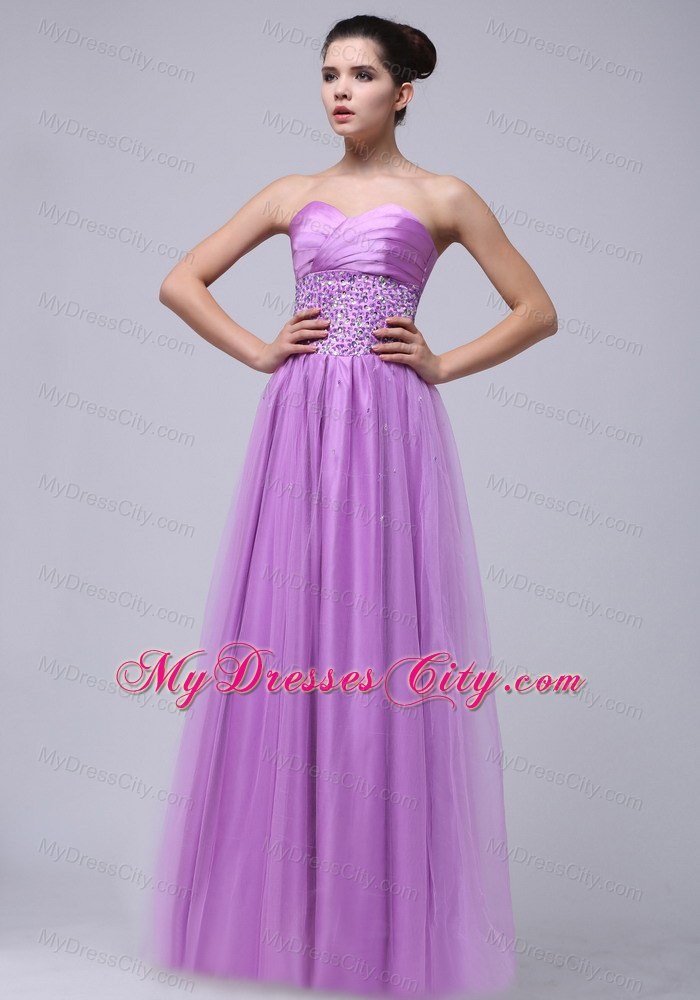 Lavender Tulle Sweetheart Prom Dress Beaded and Ruched