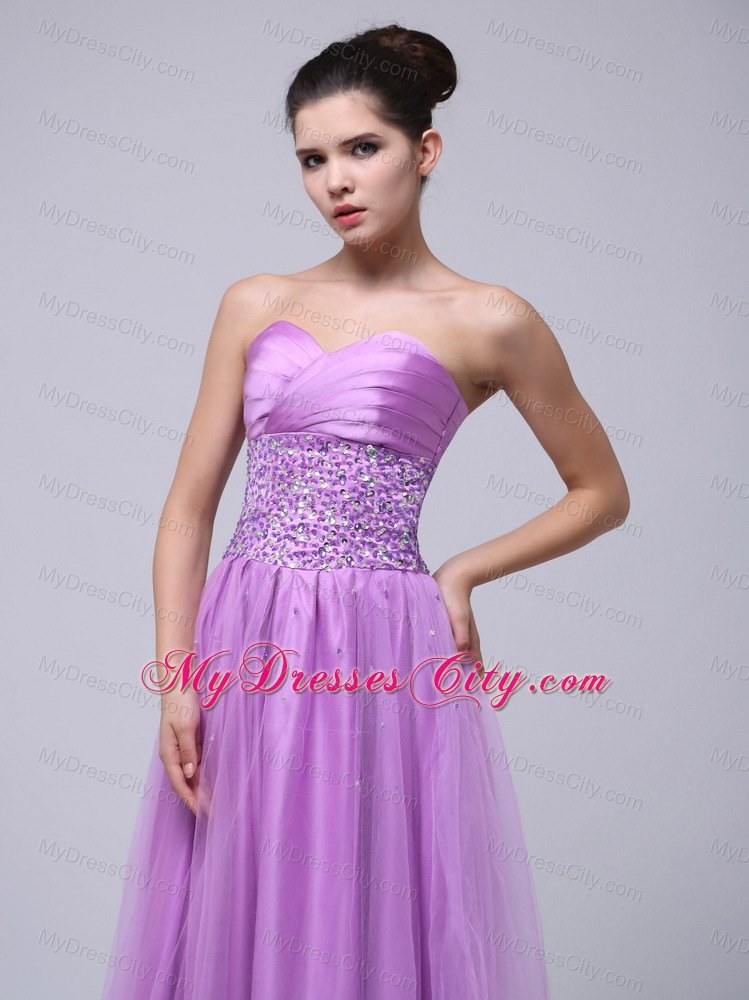 Lavender Tulle Sweetheart Prom Dress Beaded and Ruched