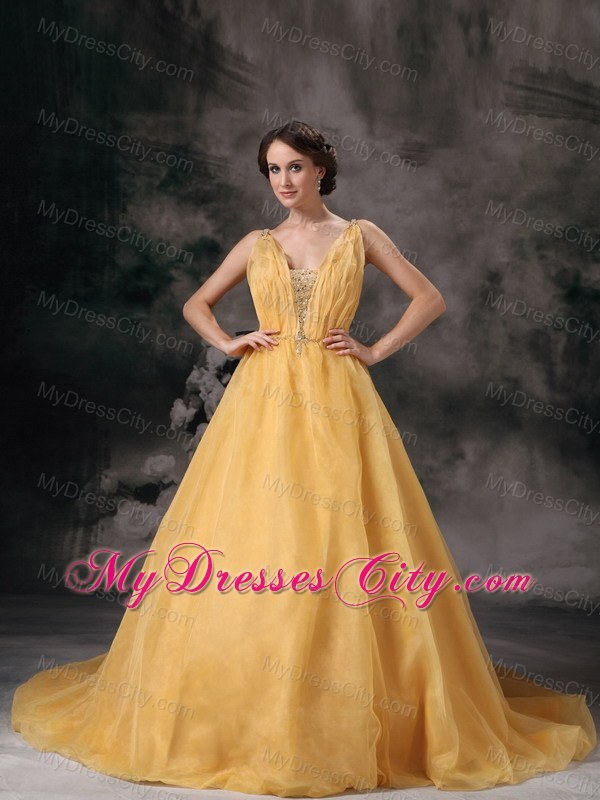 Spaghetti Straps Yellow Yellow Beaded Prom Gown in Organza