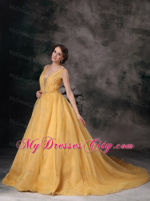 Spaghetti Straps Yellow Yellow Beaded Prom Gown in Organza