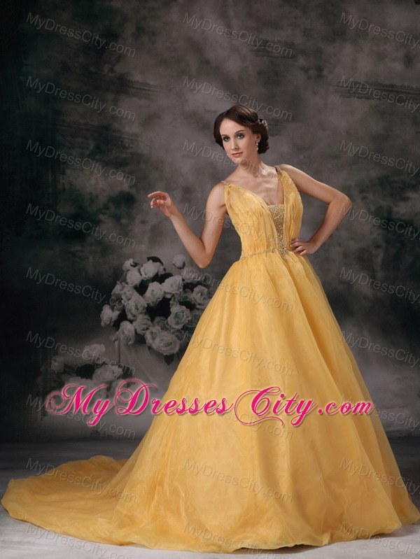 Spaghetti Straps Yellow Yellow Beaded Prom Gown in Organza