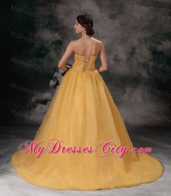 Spaghetti Straps Yellow Yellow Beaded Prom Gown in Organza