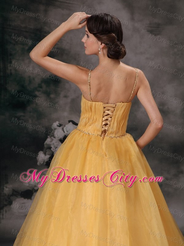 Spaghetti Straps Yellow Yellow Beaded Prom Gown in Organza