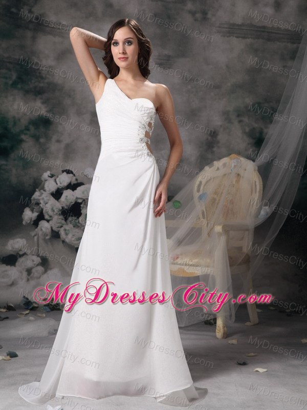 A-line One Shoulder White Beading Ruched Brush Dress for Prom