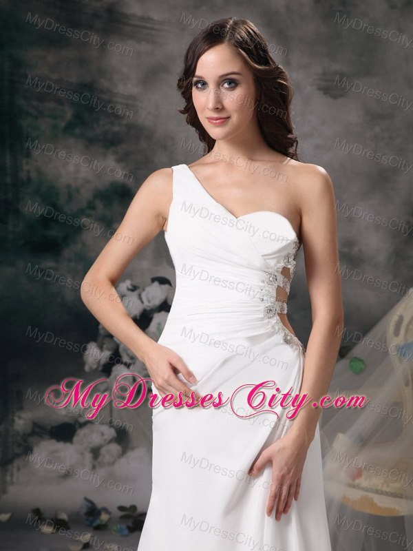 A-line One Shoulder White Beading Ruched Brush Dress for Prom