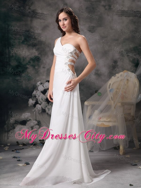 A-line One Shoulder White Beading Ruched Brush Dress for Prom