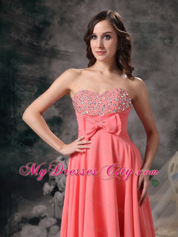 Watermelon High-low A-line Chiffon Bowknot Beaded Prom Gown