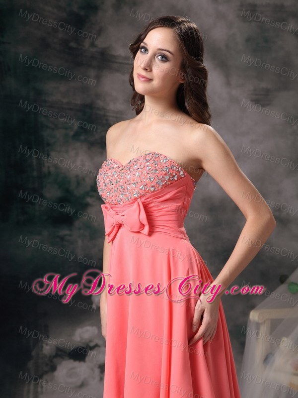 Watermelon High-low A-line Chiffon Bowknot Beaded Prom Gown