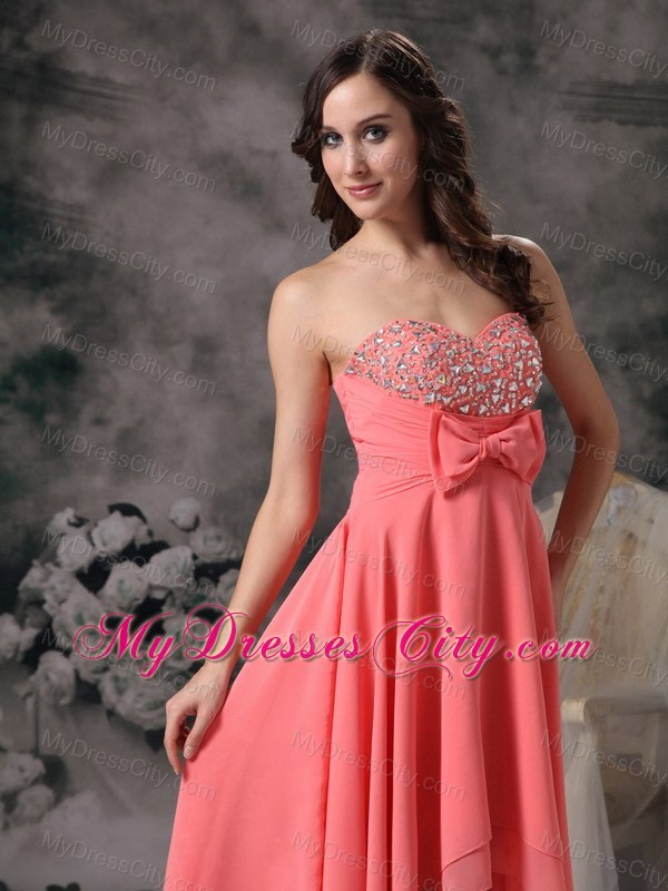 Watermelon High-low A-line Chiffon Bowknot Beaded Prom Gown