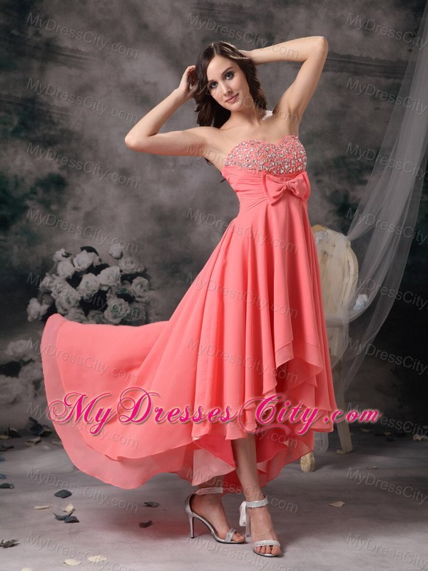 Watermelon High-low A-line Chiffon Bowknot Beaded Prom Gown