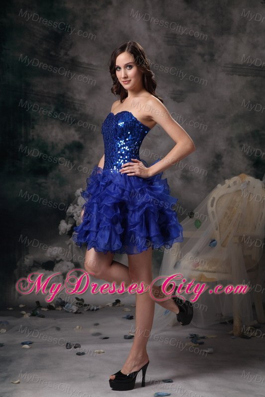 A-line Royal Blue Mini-length Prom Dress with Sequins Ruffled