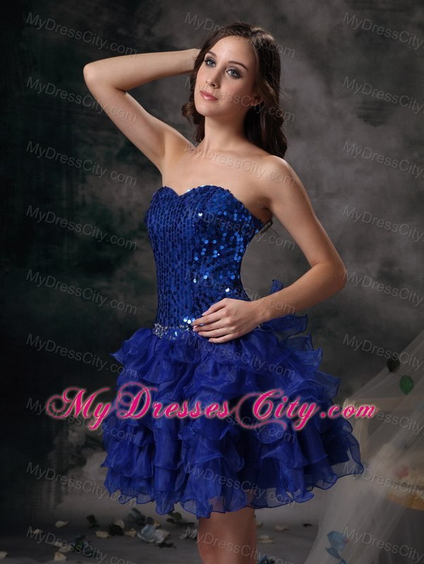 A-line Royal Blue Mini-length Prom Dress with Sequins Ruffled