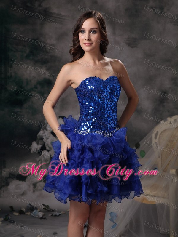 A-line Royal Blue Mini-length Prom Dress with Sequins Ruffled