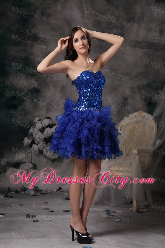 A-line Royal Blue Mini-length Prom Dress with Sequins Ruffled