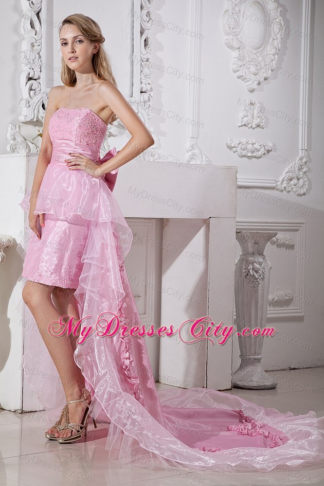 Baby Pink Strapless High-low Beads Prom Gown With Back Bow