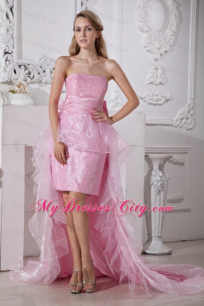 Baby Pink Strapless High-low Beads Prom Gown With Back Bow