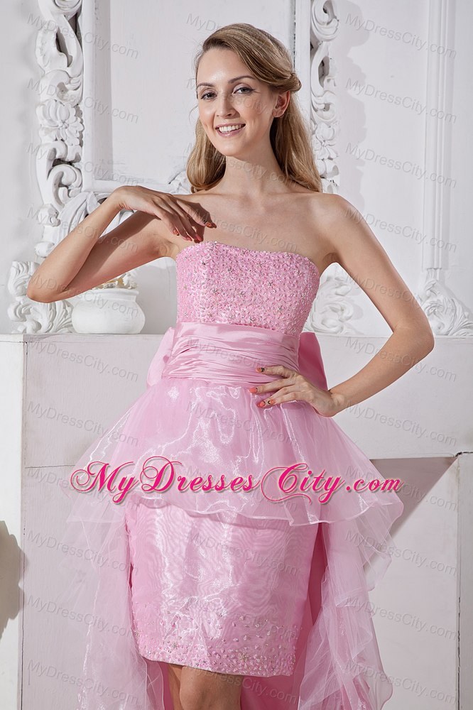 Baby Pink Strapless High-low Beads Prom Gown With Back Bow