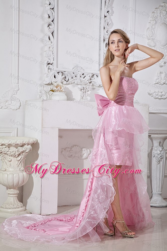 Baby Pink Strapless High-low Beads Prom Gown With Back Bow