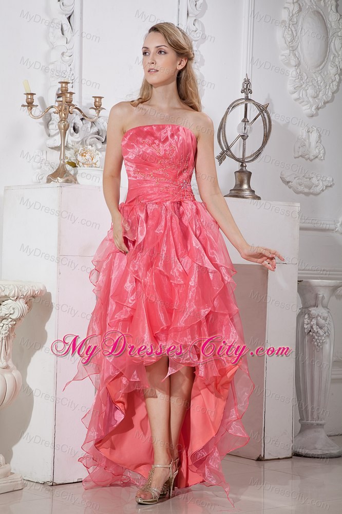 Organza Watermelon Red High-low Prom Dress with Ruffled Layer