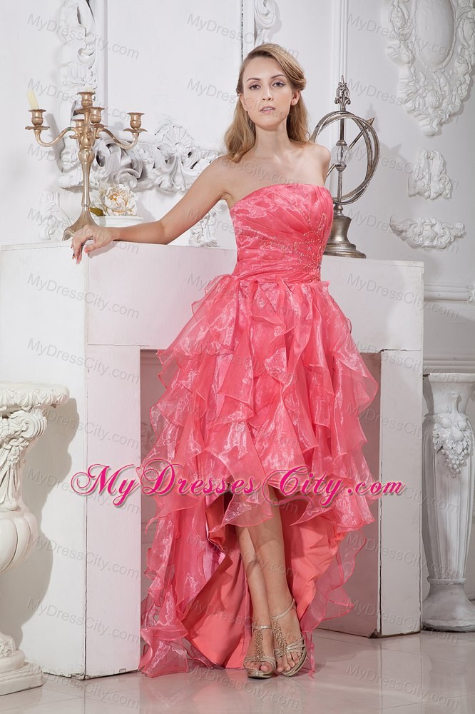 Organza Watermelon Red High-low Prom Dress with Ruffled Layer