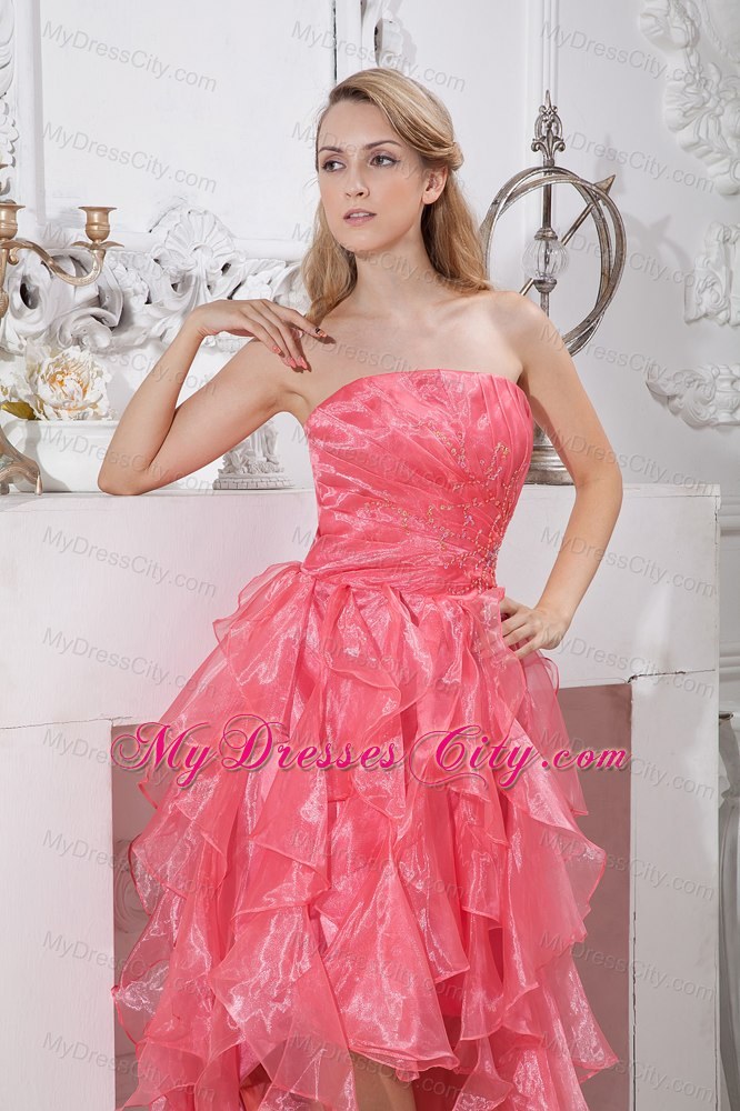 Organza Watermelon Red High-low Prom Dress with Ruffled Layer