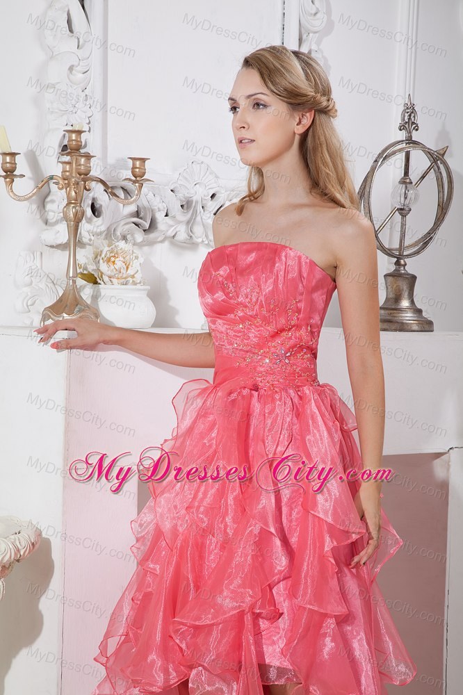 Organza Watermelon Red High-low Prom Dress with Ruffled Layer