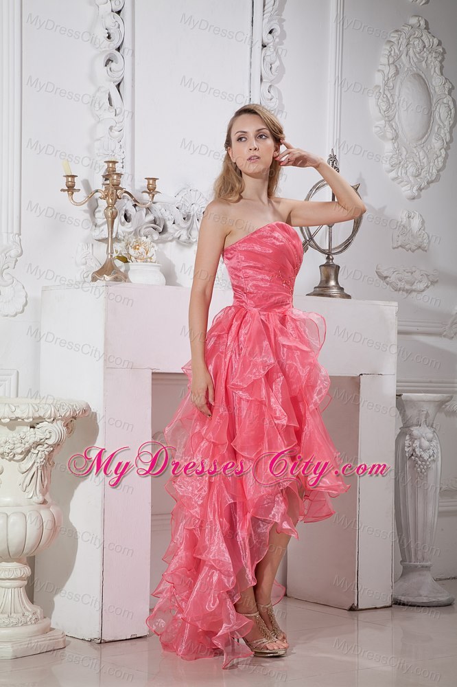 Organza Watermelon Red High-low Prom Dress with Ruffled Layer