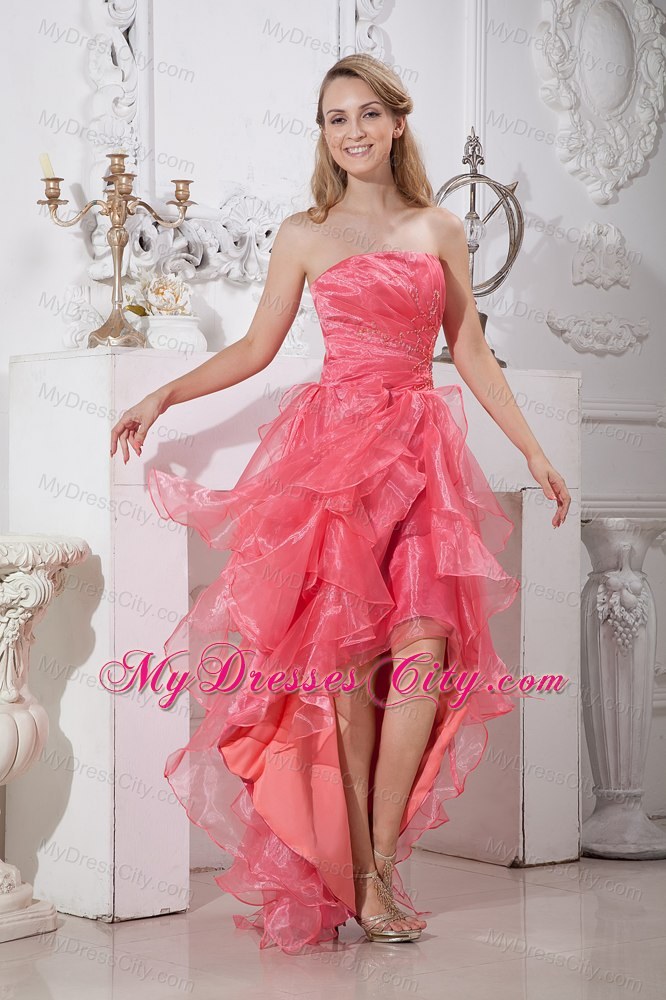 Organza Watermelon Red High-low Prom Dress with Ruffled Layer